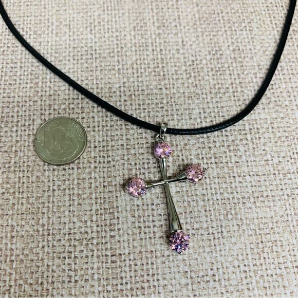 Silver Pink Crystal Cross Necklace - Picture 1 of 3
